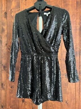 Black Sequin Wrap-Front Long Sleeve Dress - Women
